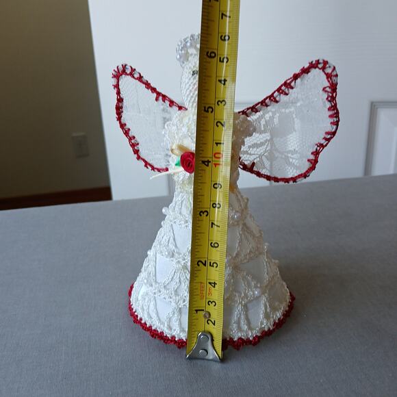 Lace Angel Tree Topper Ornament 6.5" tall handmade crochet beadwork roses - Picture 6 of 8